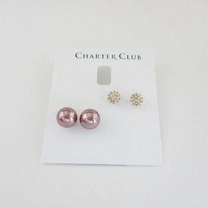 Charter club gold crystal and pink pearl earring set
